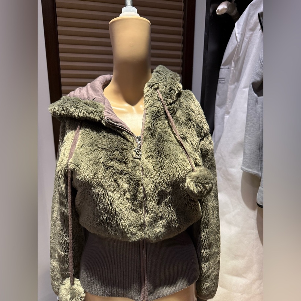 bebe Olive Teddy Jacket with Pom Poms